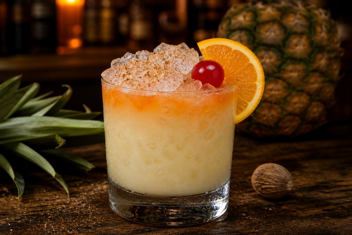 A Painkiller in a rocks glass with crushed ice, grated nutmeg, orange slice, and a cherry, dark tropical bar surface