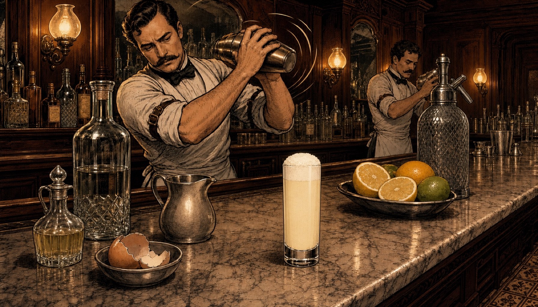 Comic-style illustration of an 1888 New Orleans bar, a bartender shaking a cocktail shaker while a second bartender works a soda siphon behind him, with a tall collins glass of pale foamed Ramos Gin Fizz on the marble bar top