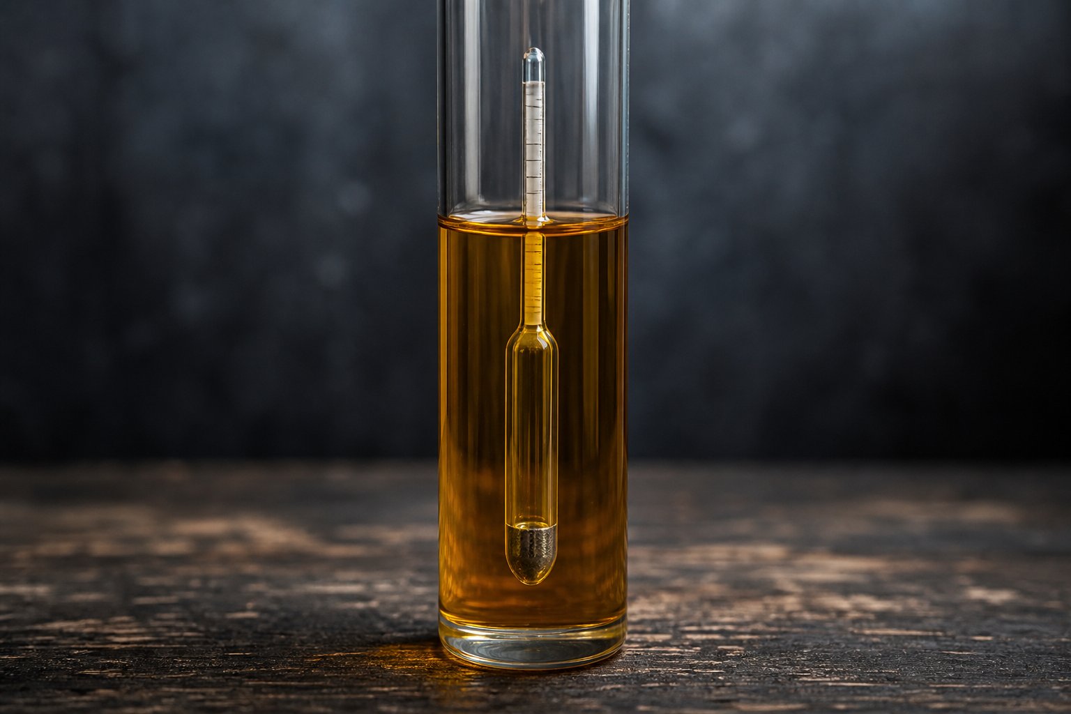 A glass hydrometer floating in a test tube of amber rum on a wooden table