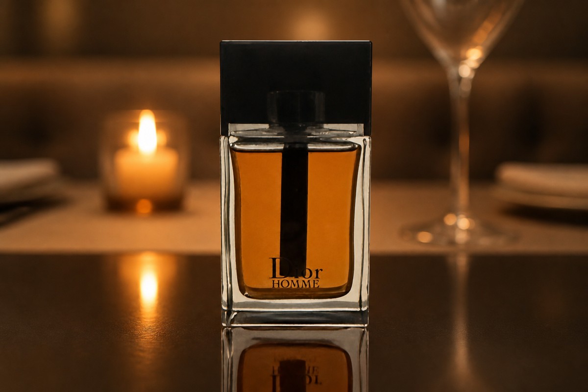 Dior Homme Original bottle on a dark table, a candlelit restaurant table for two blurred behind it with a wine glass
