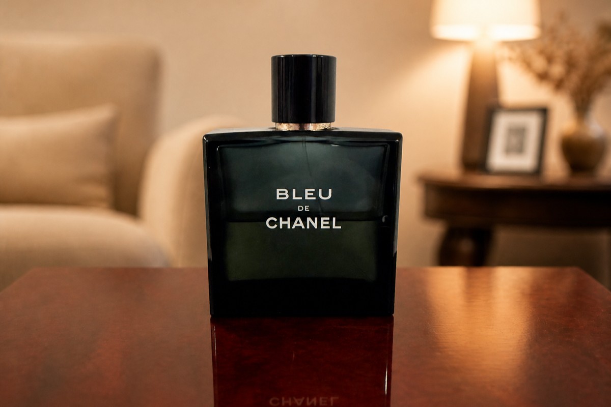 Bleu de Chanel bottle on a dark wood table, the same warm living room blurred behind it with a lamp and framed photos