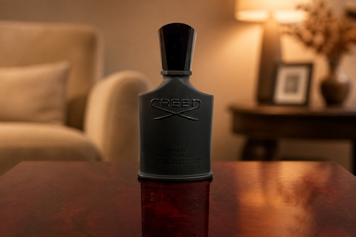 Creed Green Irish Tweed bottle on a dark wood table, a warm living room blurred behind it with a lamp and framed photos
