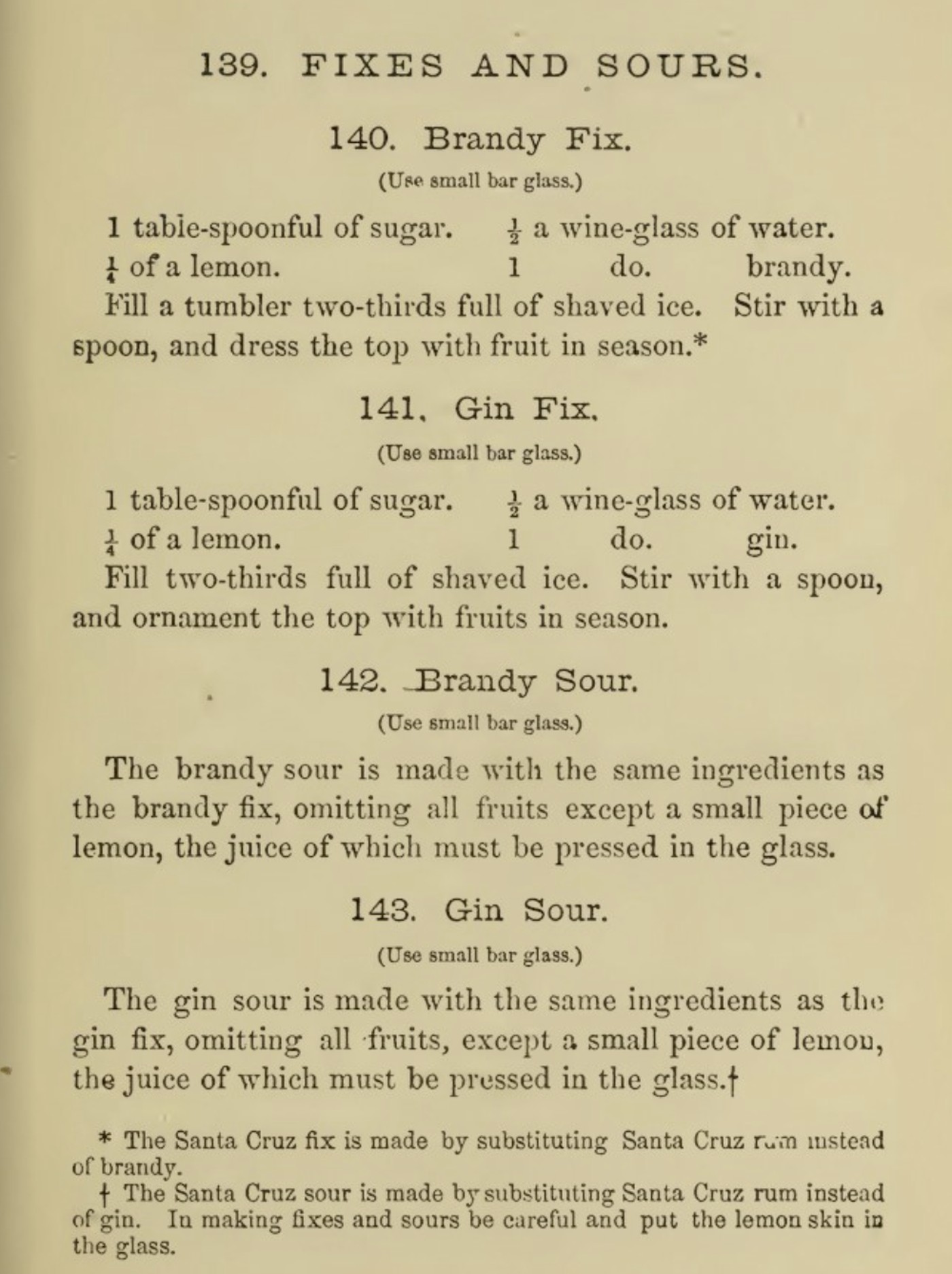 Page 59 of Jerry Thomas's 1862 Bar-Tender's Guide, showing the section headed 139 Fixes and Sours, with recipes for Brandy Fix, Gin Fix, Brandy Sour, and Gin Sour, and footnotes for Santa Cruz versions