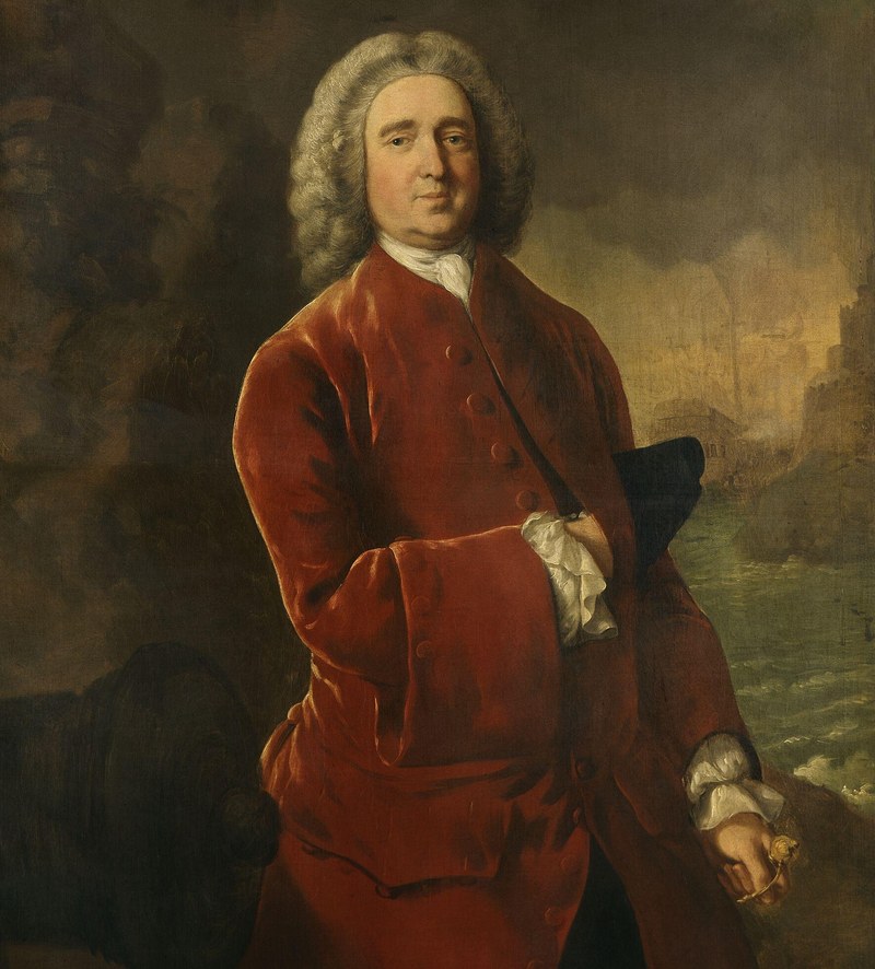 Detail from Thomas Gainsborough's 1753 portrait of Admiral Edward Vernon in a red coat, holding his hat, a cannon at his left and a fortified harbor behind him