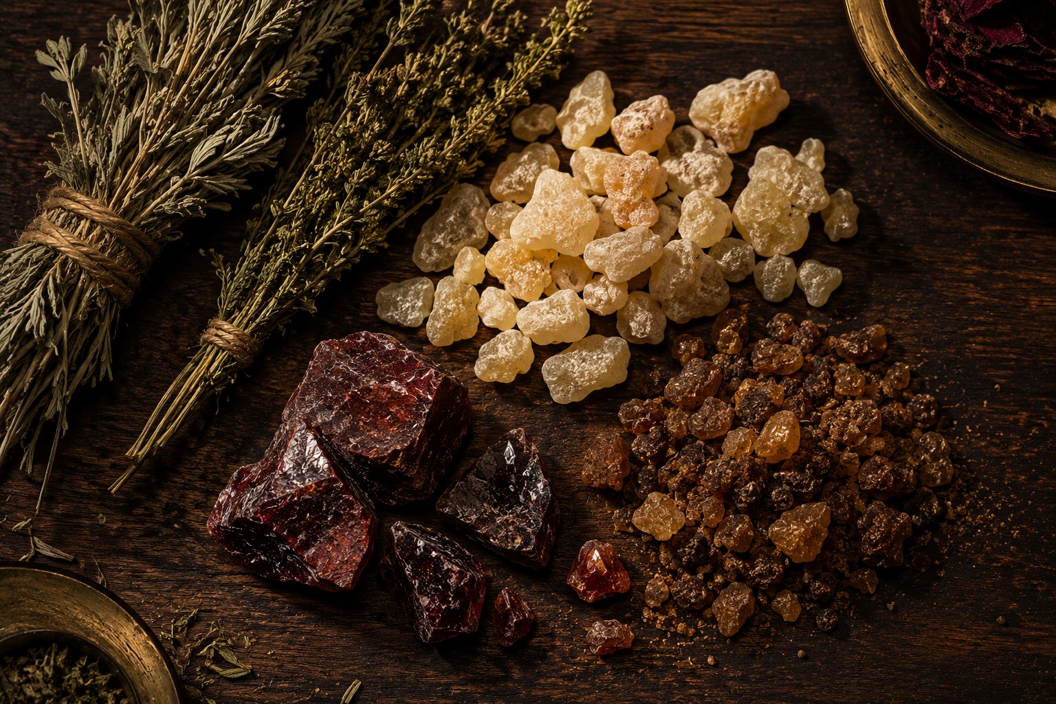 Raw frankincense, myrrh, and dragon's blood resin beside dried herb bundles on a dark wood surface